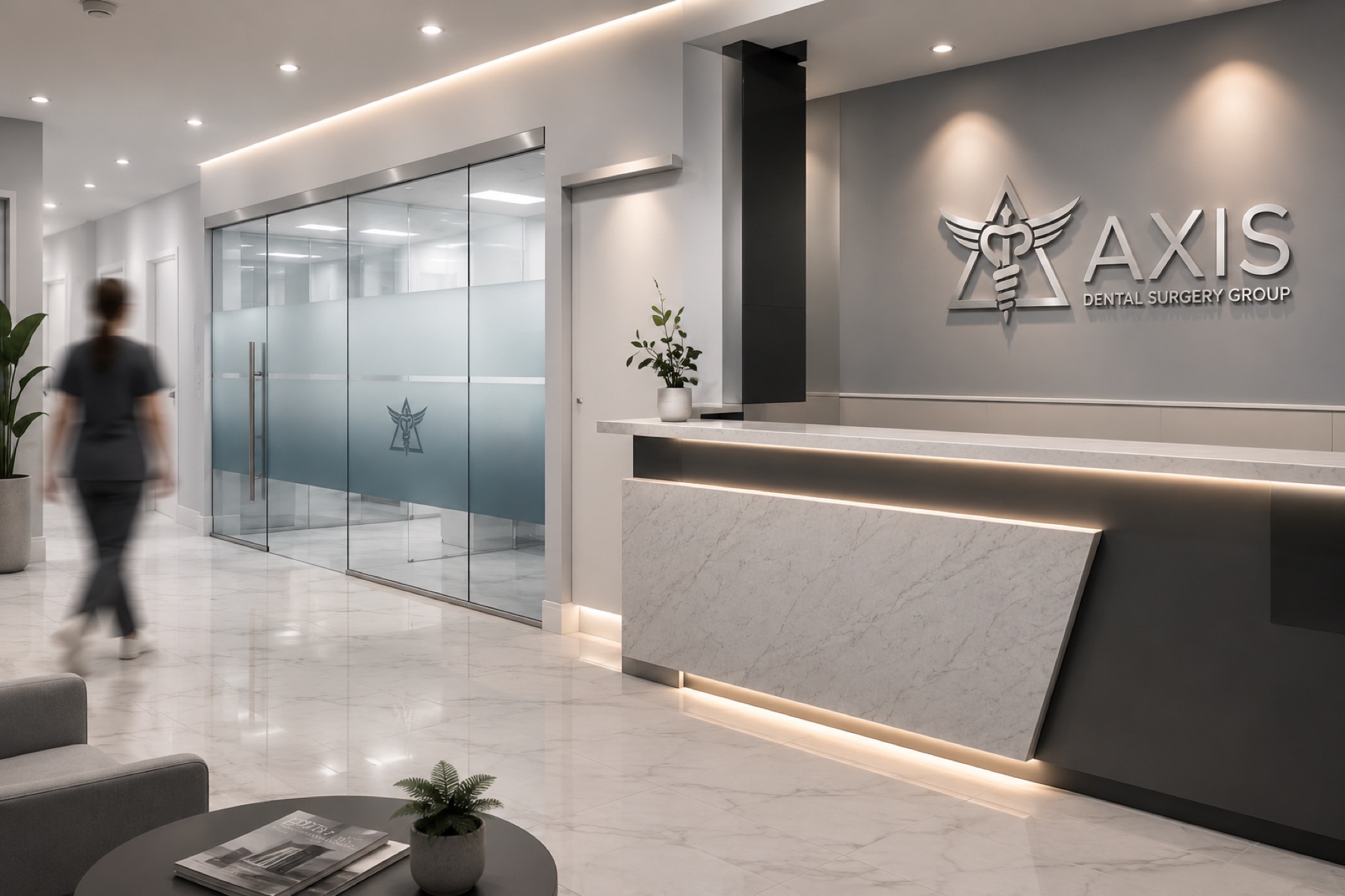 Axis Dental Group reception with dimensional logo sign and frosted window graphics