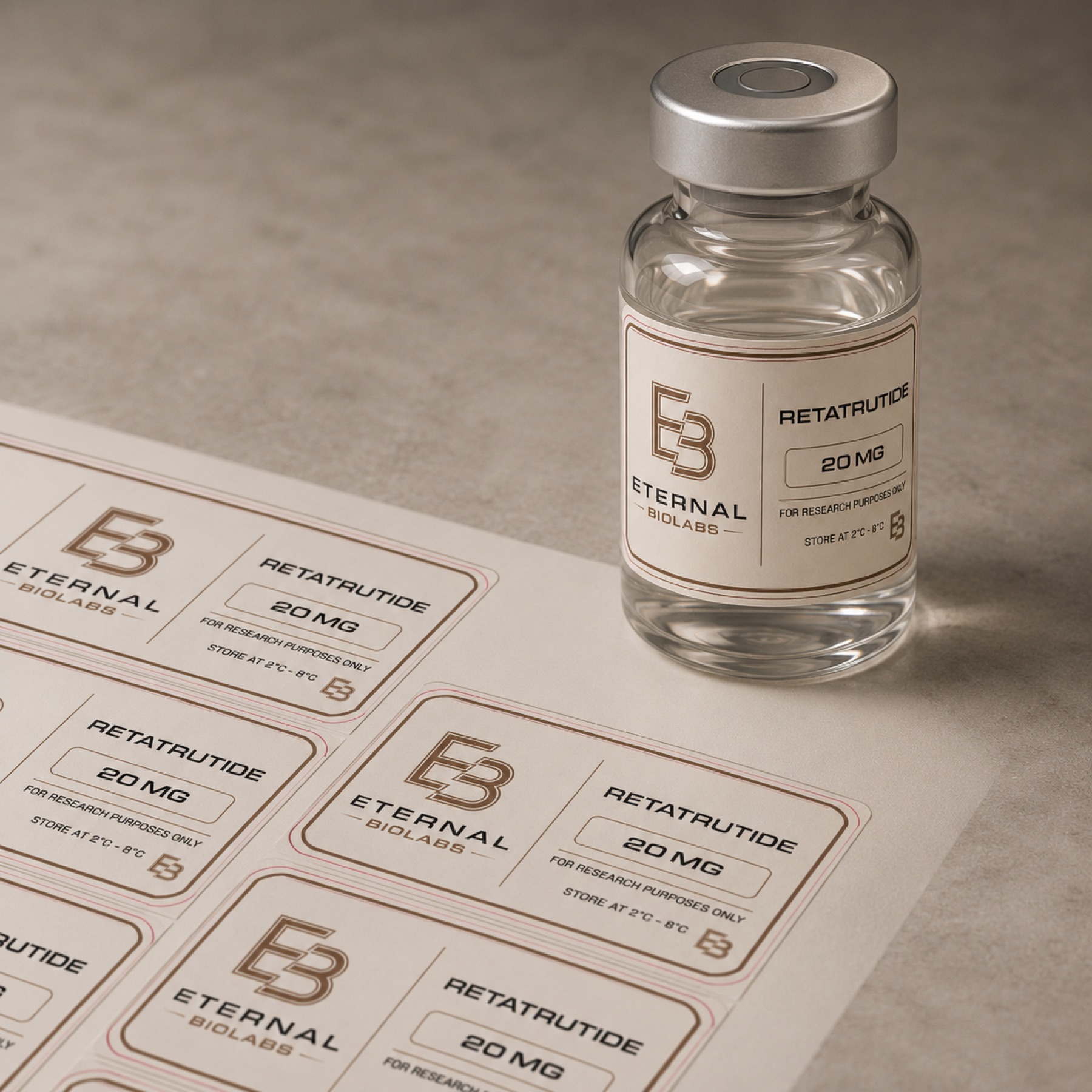 Eternal Biolabs product label sheet and labelled vial