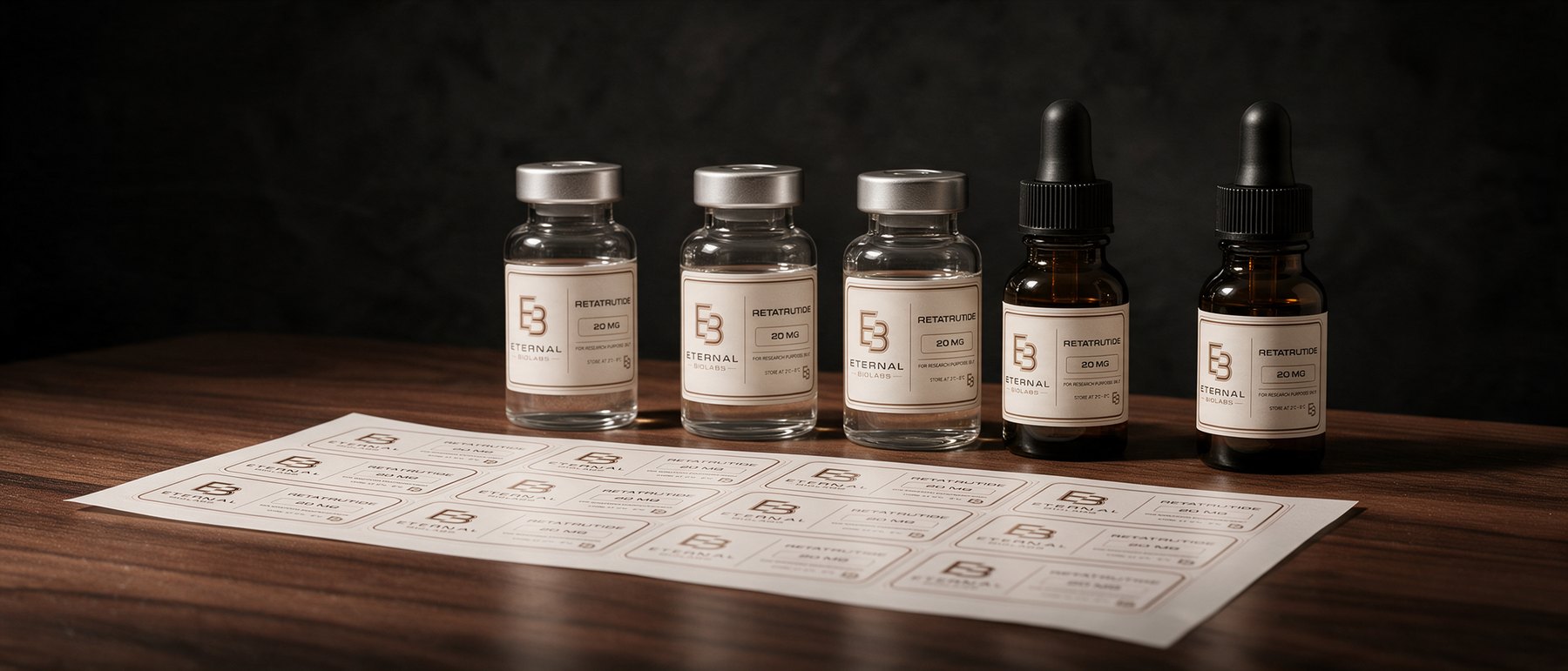 Eternal Biolabs labels on vials and dropper bottles, with a printed label sheet