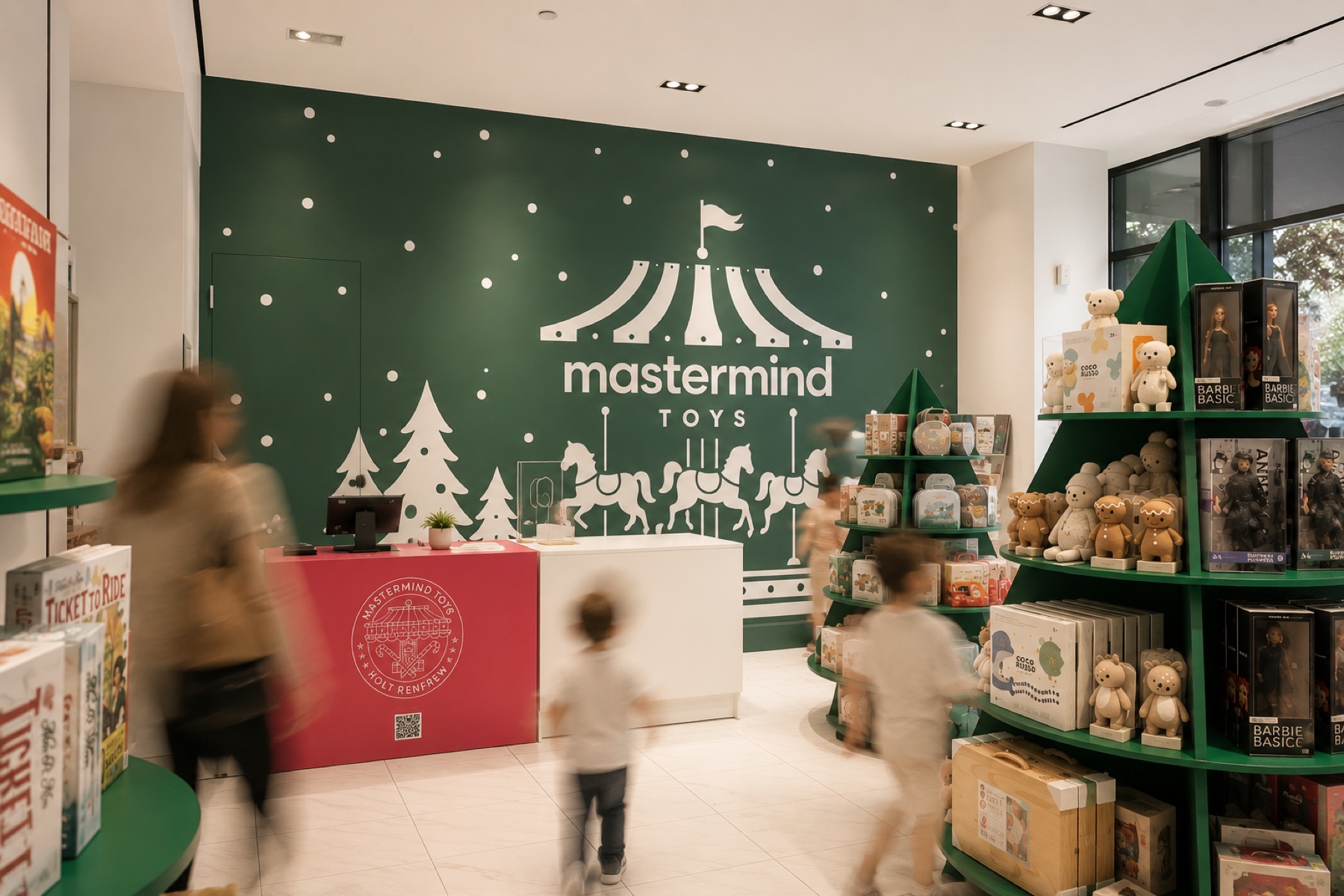 Mastermind Toys store with a large printed wall graphic