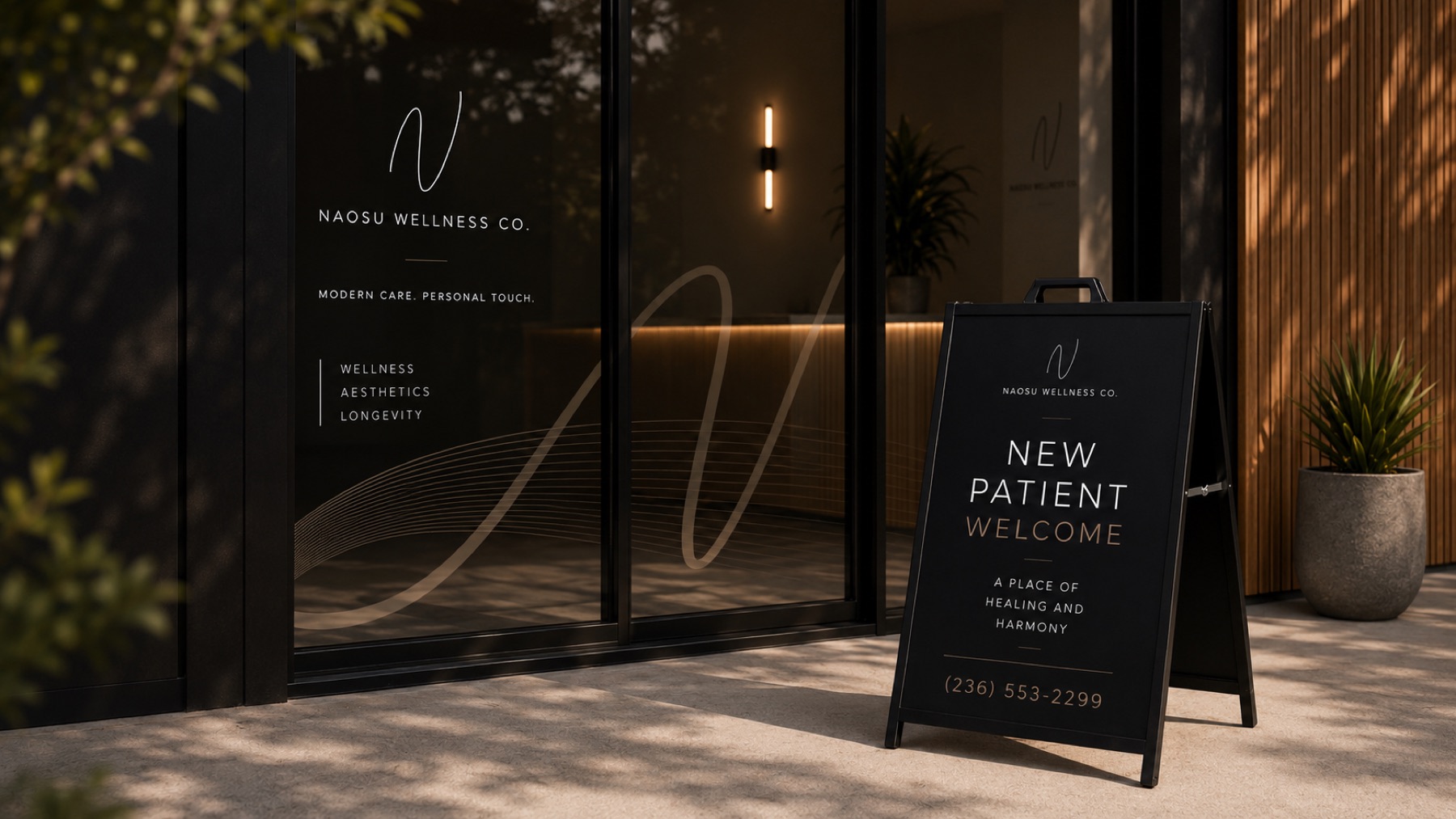 Naosu Wellness entrance with window lettering and a sandwich board
