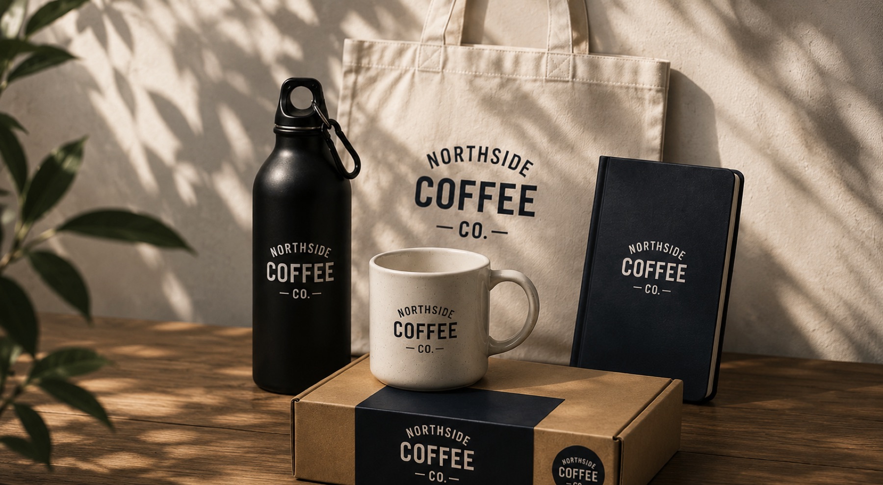 Northside Coffee Co. branded tote, mug, bottle and notebook