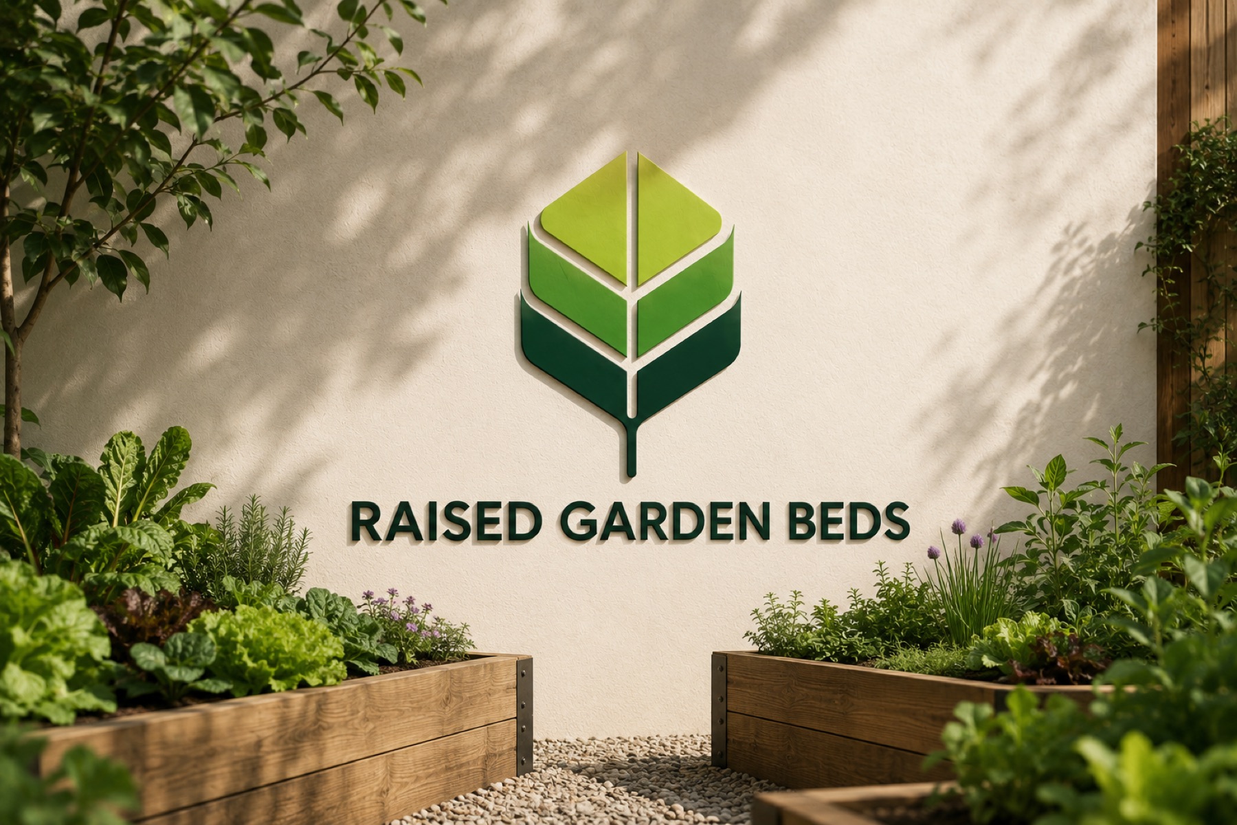Raised Garden Beds logo sign on a garden wall