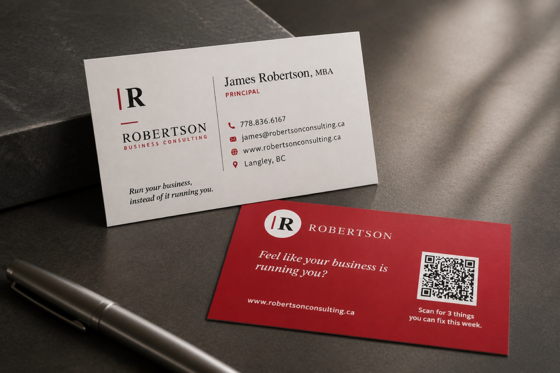 Robertson Business Consulting business cards, front and back