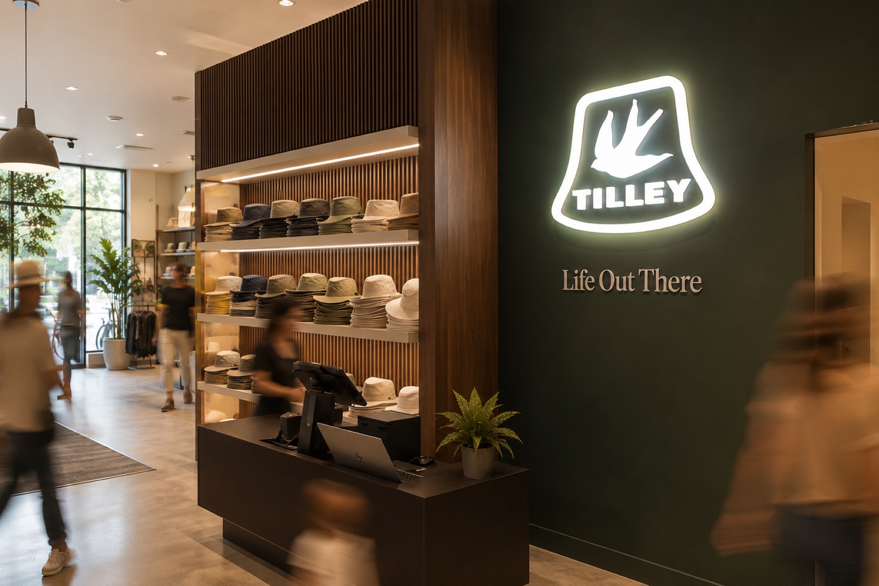 Tilley retail interior with an illuminated logo sign on a dark feature wall