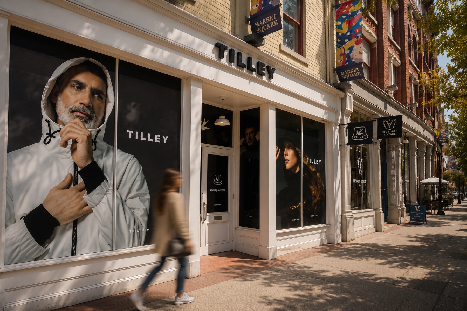 Tilley storefront with large window graphics on a sunny street