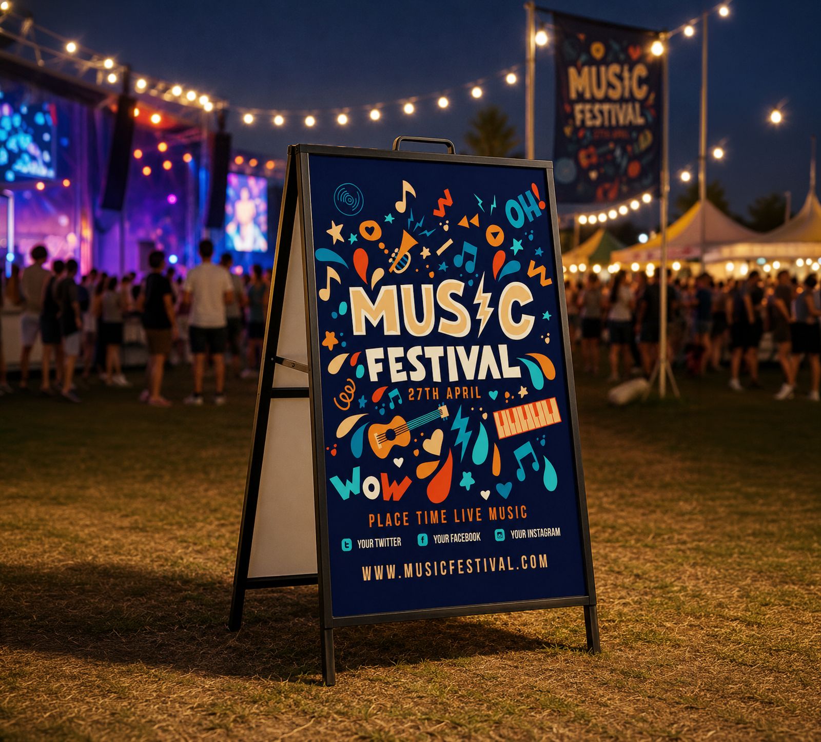 Printed A-frame sign at an outdoor music festival