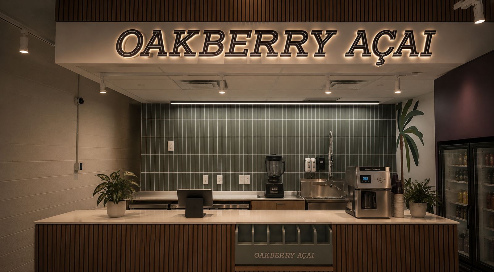 Oakberry Açaí counter with a large interior sign