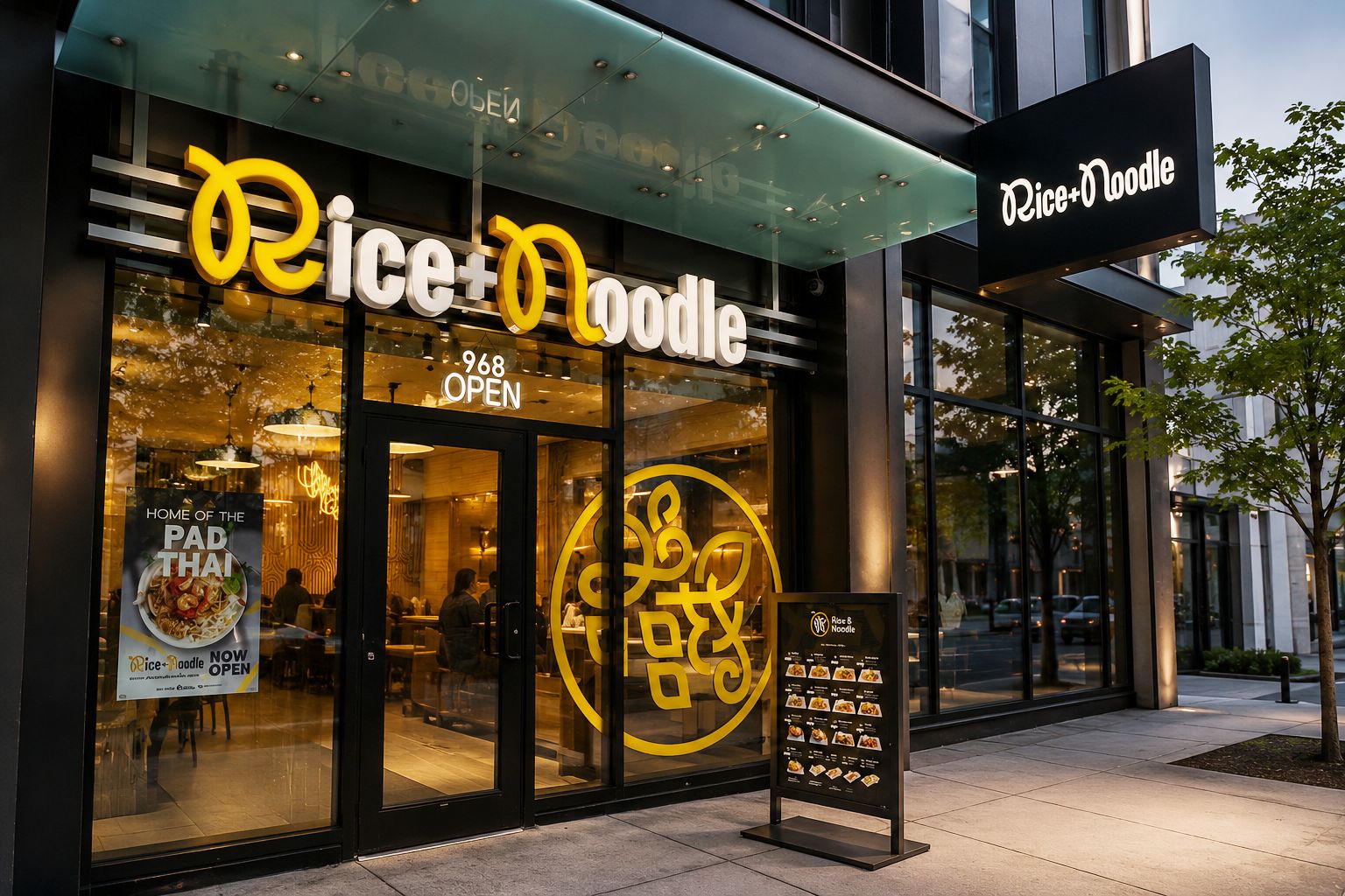 Rice Noodle restaurant storefront with illuminated signage