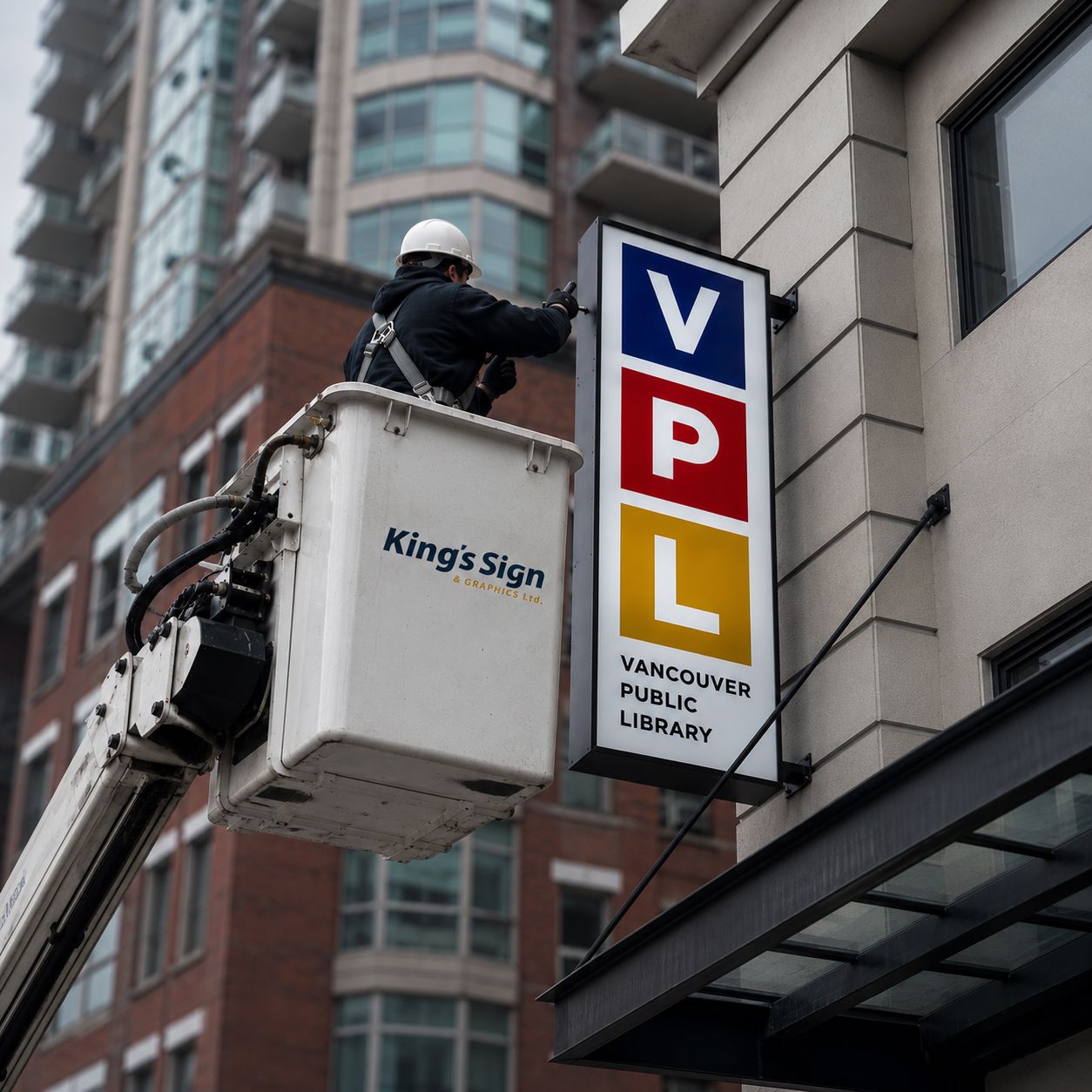 Vancouver Public Library blade sign being installed from a bucket lift