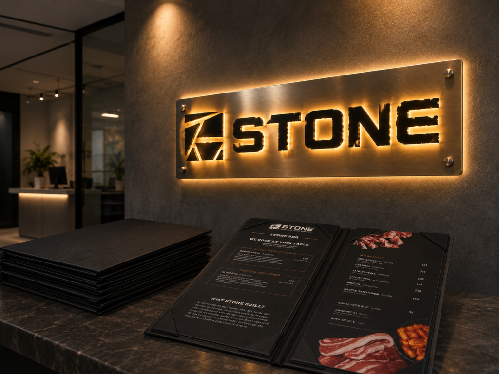 STONE BBQ signage and menu design by Bridge Creative Studio